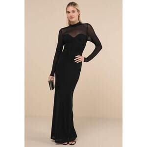 NWT Lulus Sensational Appeal Black Mesh Cutout Long Sleeve Maxi Dress - Size S
